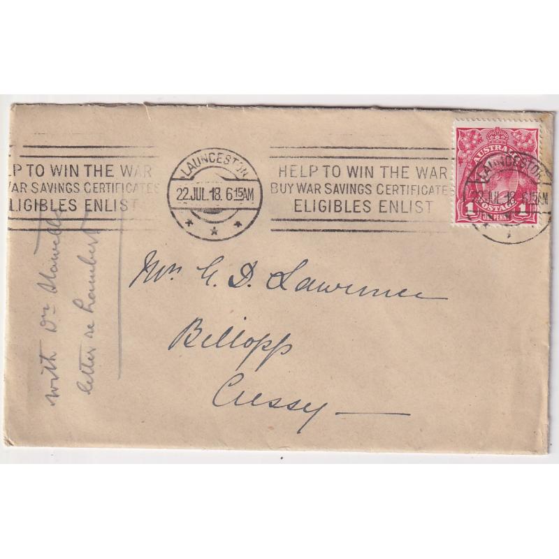 (FL1038) AUSTRALIA · 1918: small commercial cover mailed in Tasmania with single 1d red KGV defin franking showing NECK FLAW variety BW 71Y(4)h · scarce  "on cover" (2 images)