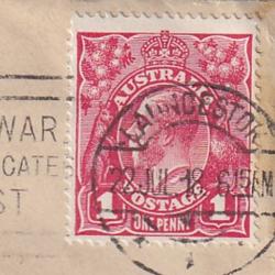 (FL1038) AUSTRALIA · 1918: small commercial cover mailed in Tasmania with single 1d red KGV defin franking showing NECK FLAW variety BW 71Y(4)h · scarce  "on cover" (2 images)