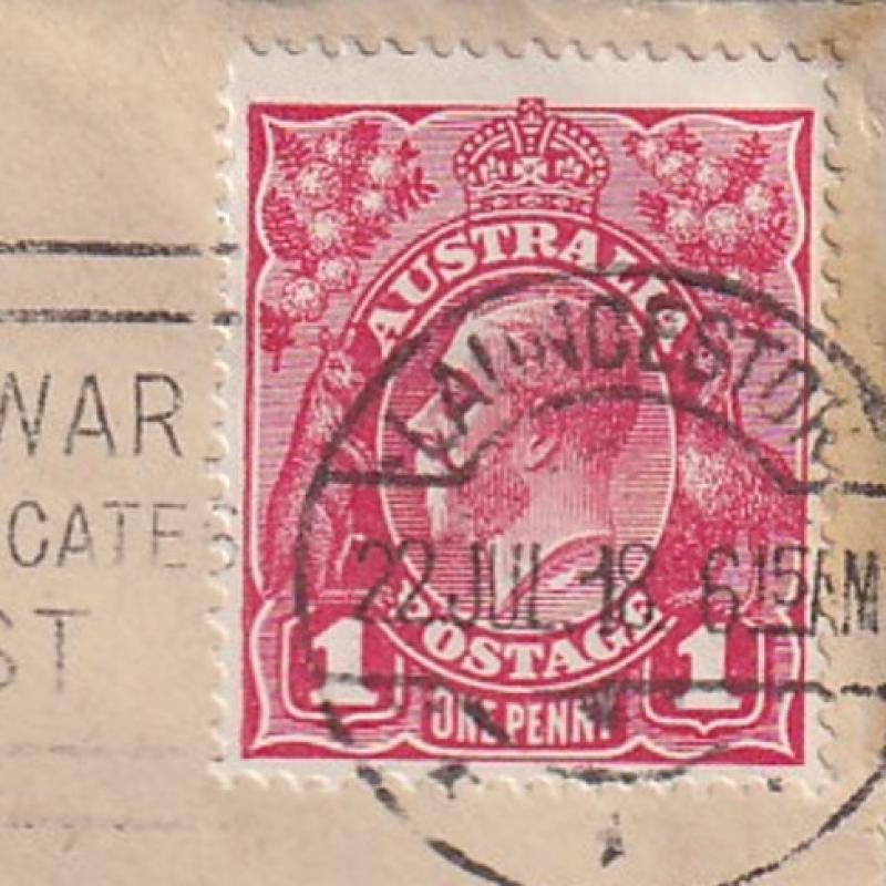 (FL1038) AUSTRALIA · 1918: small commercial cover mailed in Tasmania with single 1d red KGV defin franking showing NECK FLAW variety BW 71Y(4)h · scarce  "on cover" (2 images)