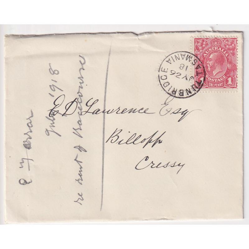 (FL1039) AUSTRALIA · 1918: small commercial cover mailed in Tasmania with single 1d red KGV franking showing the DOT ON Y OF PENNY variety BW 71(2)m · not often seen "on cover" (2 images)