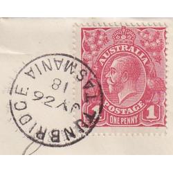 (FL1039) AUSTRALIA · 1918: small commercial cover mailed in Tasmania with single 1d red KGV franking showing the DOT ON Y OF PENNY variety BW 71(2)m · not often seen "on cover" (2 images)