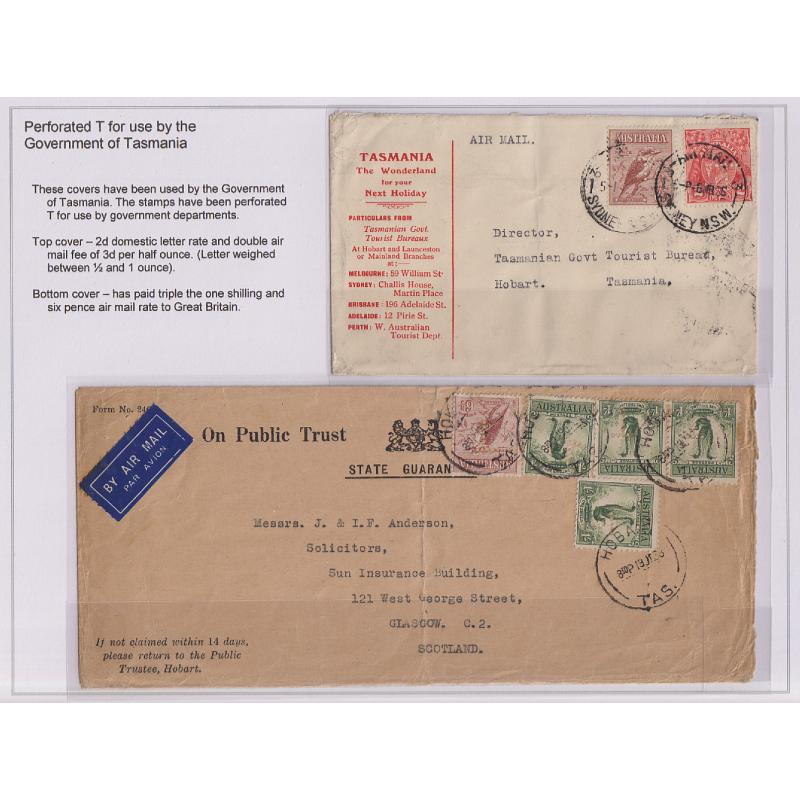 (GG1201L) TASMANIA · AUSTRALIA 1936/38: exhibit page with 2 envelope bearing contemporary defins perf T, both with interesting "usage" · please see full description (2 items)