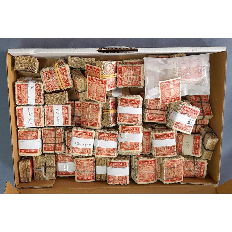 (GG1202B) AUSTRALIA · 1935: small boxed containing at least 7,500 used 2d Anzac commems mainly in bundles of 100 · variety/postmark potential unknown