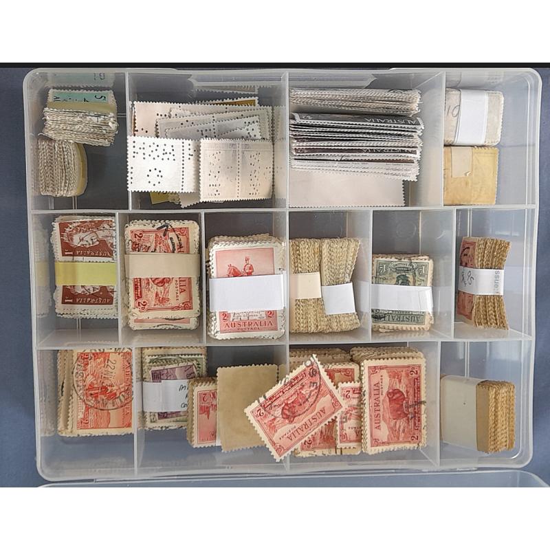 (GG1205B) AUSTRALIA · small plastic box with compartments containing used stamps, the majority in bundles and comprising 1930s commems · some later issues · many, many 100s