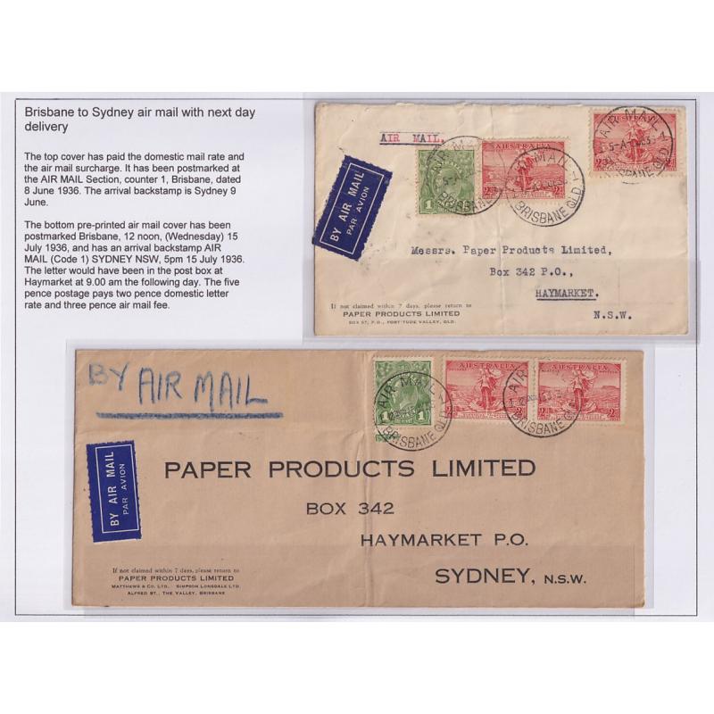 (GG1206L) AUSTRALIA · 1936: 2 commercial air mail covers mailed to NSW from Brisbane · 2x 2d Cable + 1d green KGV defins make up 2d postage + 3d air mail fee · both items have vertical bends but are still very displayable (2)