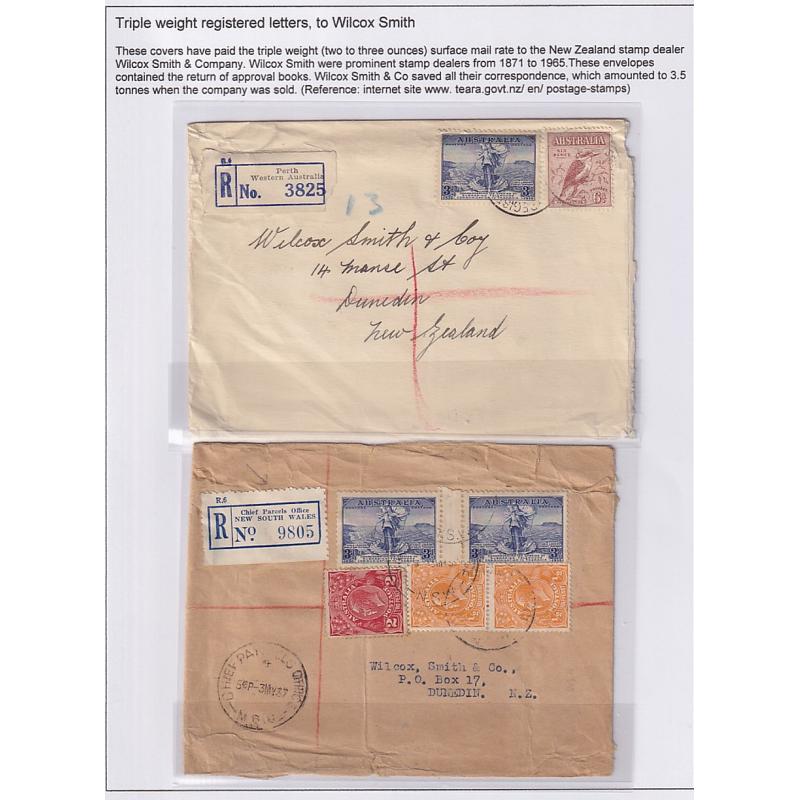 (GG1207L) AUSTRALIA · 1936/37: two registered commercial covers to New Zealand · some wear as they would have contained Wilcox Smith & Co approval book · attractively franked (2)