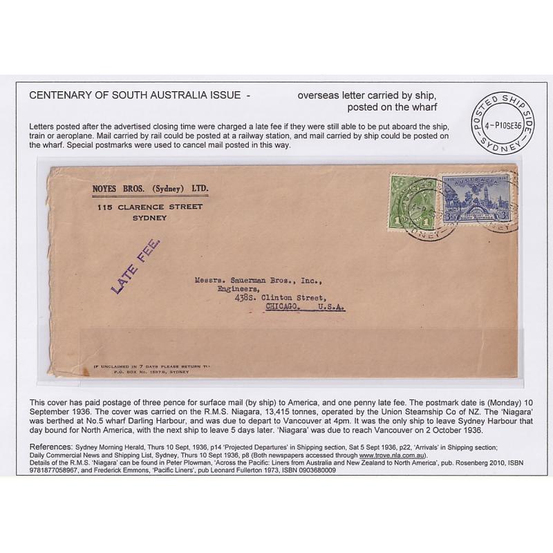 (GG1208L) AUSTRALIA · NEW SOUTH WALES  1936: commercial cover to United States with franking cleary tied by strikes of the POSTED SHIP SIDE SYDNEY cds · Late Fee was applicable and paid · excellent condition for a legal size envelope