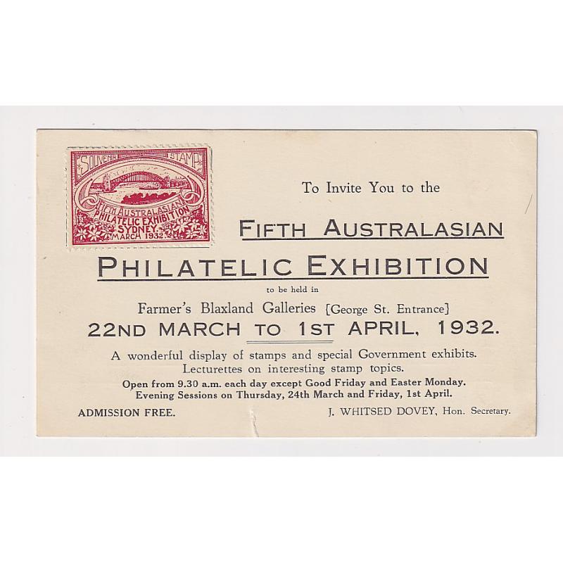 (GG1209) AUSTRALIA ·  1932: small invitation card to attend the FIFTH AUSTRALASIAN PHILATELIC EXHIBITION at Sydney · exhibition "souvenir stamp" affixed · fine condition and a scarce survivor!