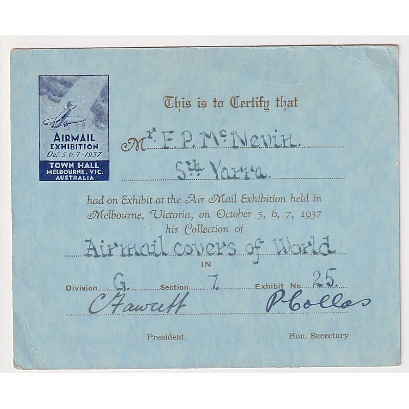 (GG1210) AUSTRALIA ·  1937: small card certifying the participation of a collector as an exhibitior at the AIR MAIL EXHIBITION held at the MELBOURNE TOWN HALL · excellent to fine condition · scarce survivor!