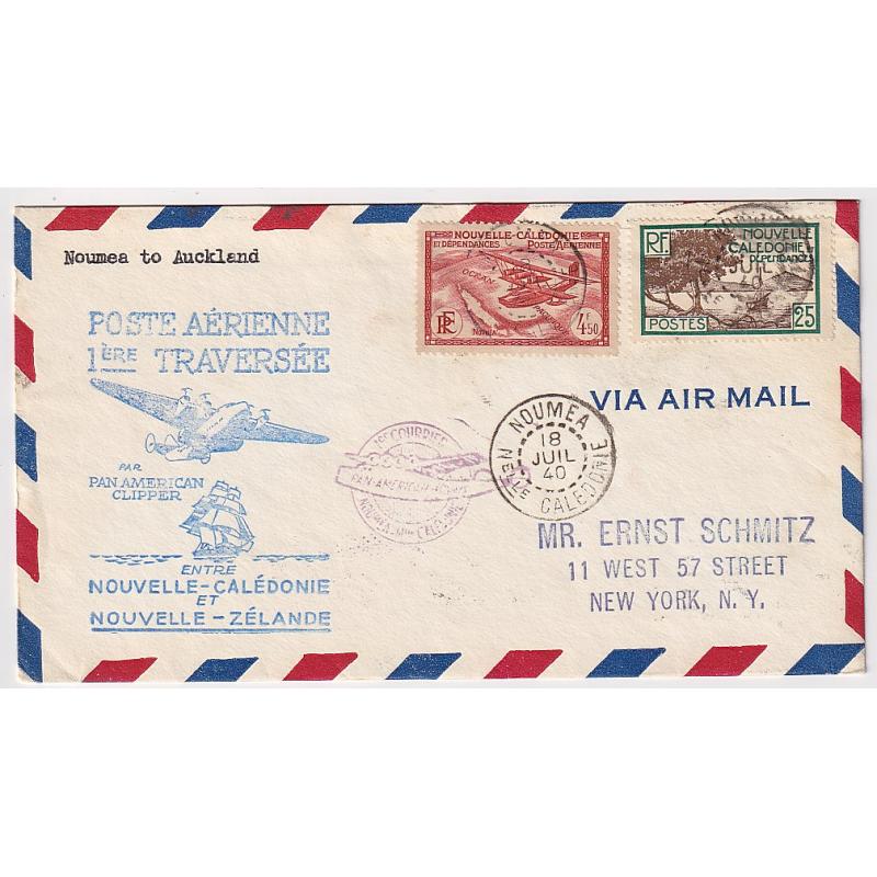 (GG1241) NEW CALEDONIA · 1940: cacheted cover carried Noumea to Auckland on the 1st Air Mail Flight by Pan American Clipper · fine condition (NO envelope gum staining!!) · attractive example