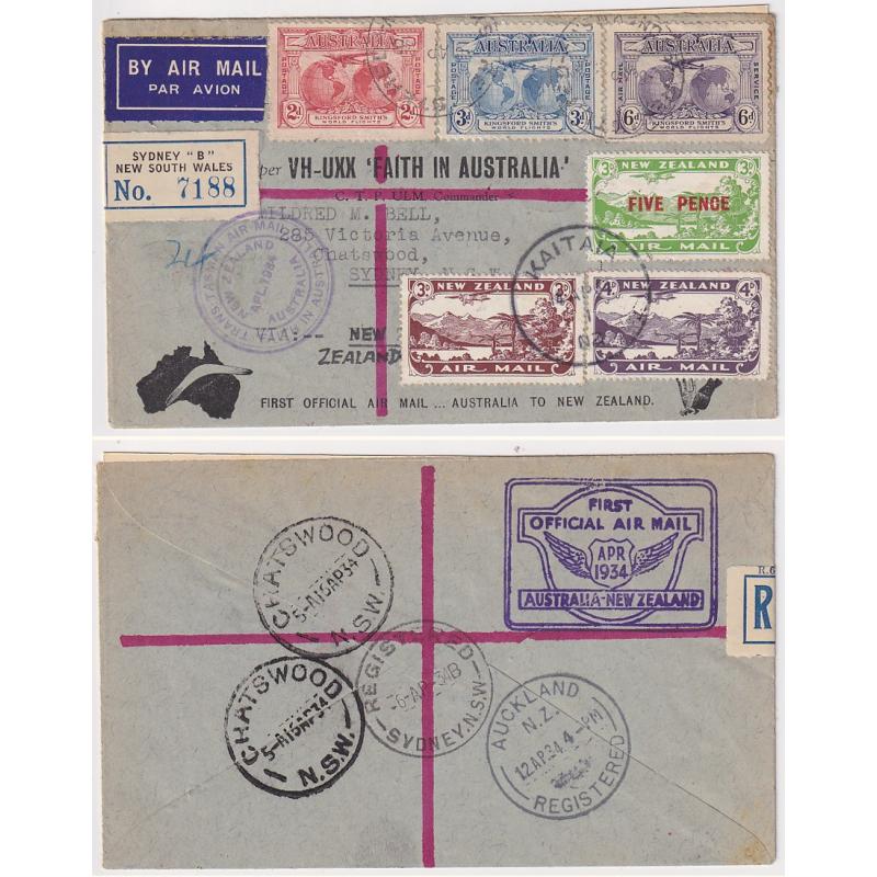 (GG1242) AUSTRALIA · NEW ZEALAND  1934: attractively franked souvenir "boomerang" cover carried Australia/New Zealand on the 1st official air mail flight by C.T. Ulm et al AAMC #371 · original contents included · fine condition · c.v. AU$50