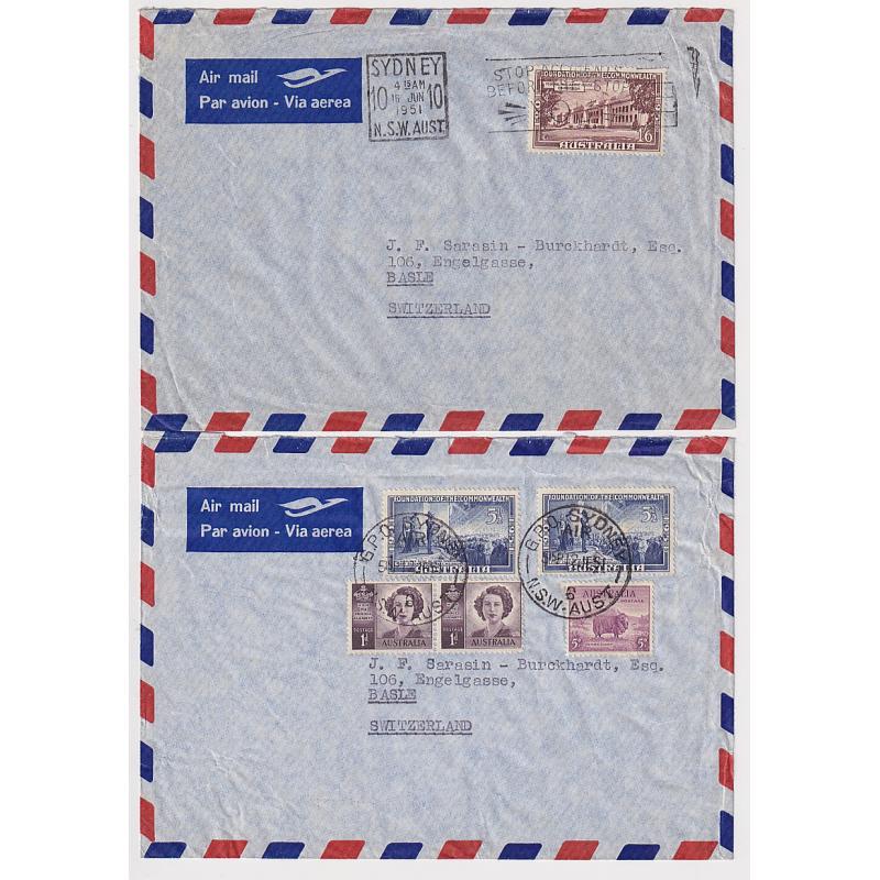 (GG1243) AUSTRALIA ·  1951: two air mail cover to the same Swiss address posted a few days apart bearing contemporary commem/defin franking paying the 1/6d rate for up to ½oz. · both items in excellent condition (2)