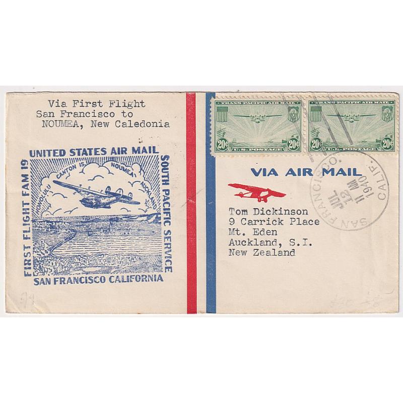 (GG1244) UNITED STATES · 1940: attractive cover carried San Francisco to Noumea on the first air mail service to New Zealand by Pan-Am (FAM 19) · excellent condition