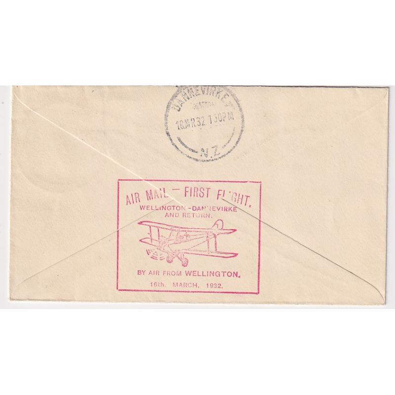 (GG1245) NEW ZEALAND · 1932: small cacheted cover carried on the first air mail service from WELLINGTON to DANNERVIRKE · fine condition (2 images)