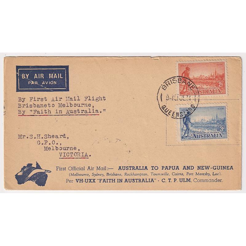 (GG1247) AUSTRALIA · 1934: souvenir air mail cover carried Brisbane to Melbourne on the return flight from Papua by C.T.P. Ulm et all AAMC #395a · see description · c.v. "from AU$50"