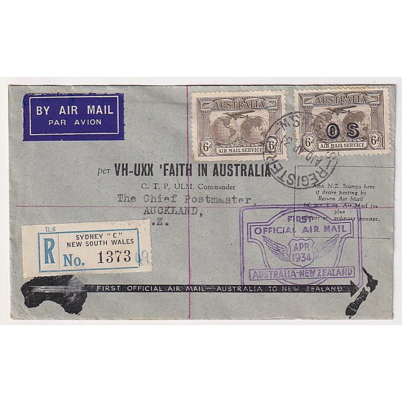 (GG1248) AUSTRALIA · 1934: registered souvenir air mail cover carried Australia - New Zealand in the 1st Official Air Mail Flight by C.T.P. Ulm et al AAMC #369 · excellent to fine condition · c.v. AU$60