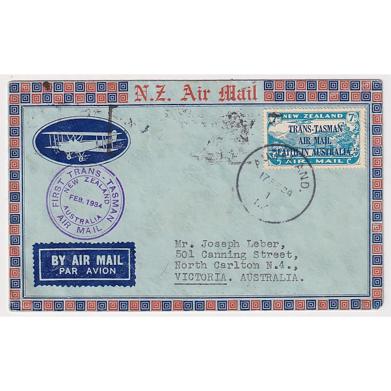 (GG1249) NEW ZEALAND · 1934: souvenir cacheted cover to Australia carried on the 1st Official Air Mail Flight by C.T.P. Ulm et al AAMC #360 · excellent condition · c.v. AU$75