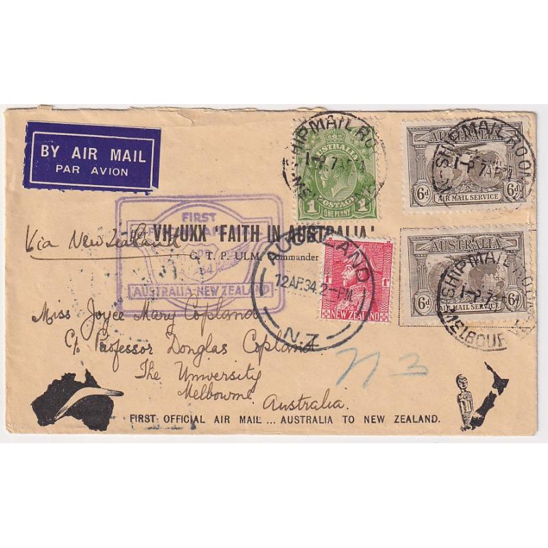 (GG1251) AUSTRALIA · 1934: souvenir cacheted cover carried Australia - New Zealand on the 1st Official Air Mail Flight by C.T.P. Ulm et al AAMC #369 · cover returned to Melbourne by sea mail · nice condition · c.v. AU$60