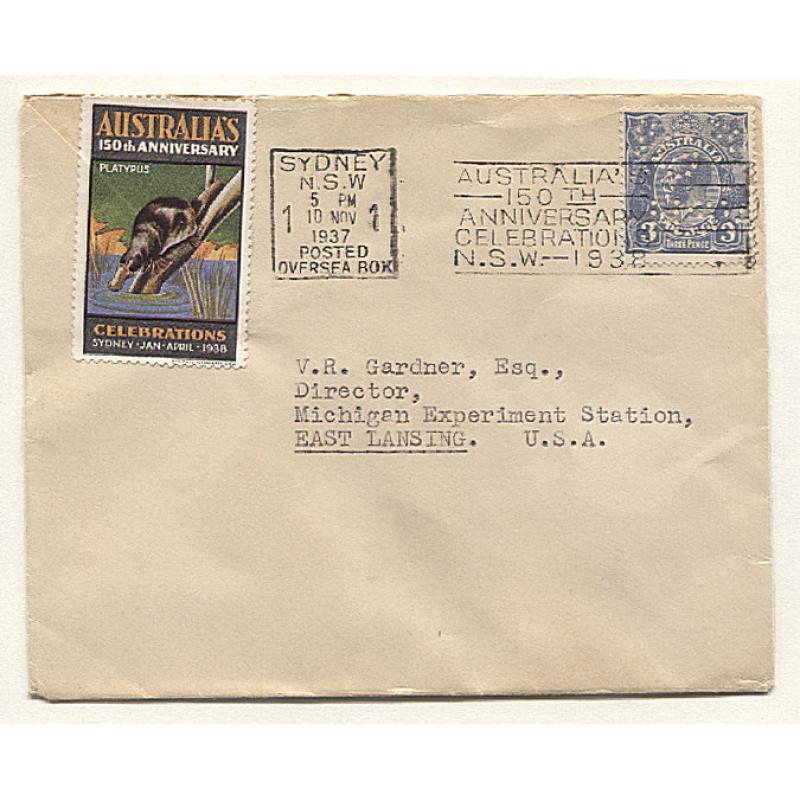 (GG15068) NEW SOUTH WALES · 1937: Department of Agriculture envelope mailed to the USA with single 3d blue KGV franking perf G NSW · different Sesquicentenary poster stamps affixed front and back · fine condition