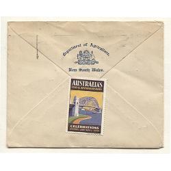 (GG15068) NEW SOUTH WALES · 1937: Department of Agriculture envelope mailed to the USA with single 3d blue KGV franking perf G NSW · different Sesquicentenary poster stamps affixed front and back · fine condition