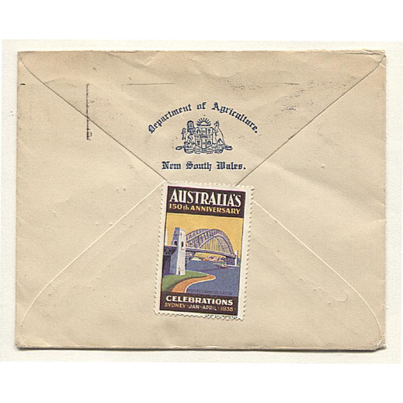 (GG15068) NEW SOUTH WALES · 1937: Department of Agriculture envelope mailed to the USA with single 3d blue KGV franking perf G NSW · different Sesquicentenary poster stamps affixed front and back · fine condition