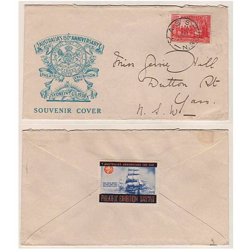 (GG15123) AUSTRALIA · 1938: NSW Sesquicentenary Stamp Exhibition souvenir cover mailed from YASS with exhibition poster stamp sealing flap · excellent condition