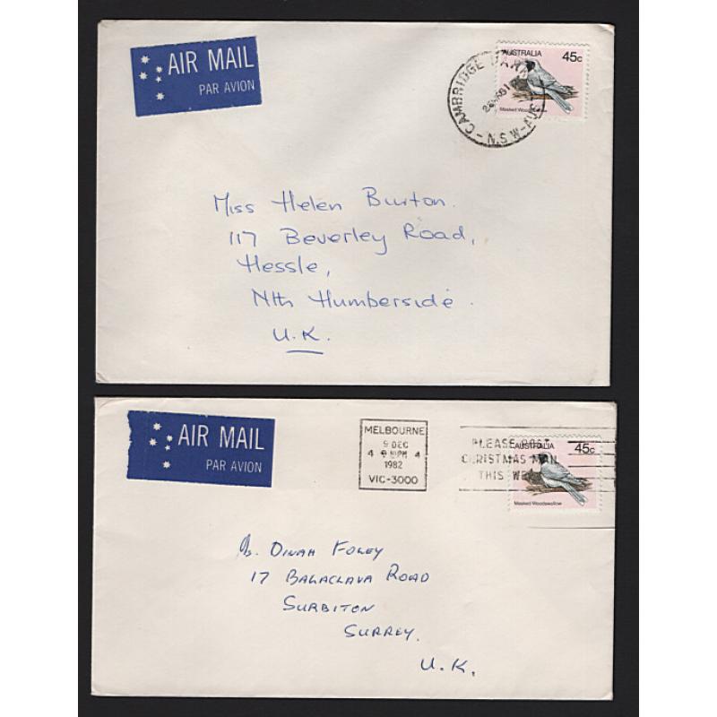 (GG15174) AUSTRALIA · 1981/83: three air mail covers and a postcard with the 45c Woodswallow defin used as franking (or part thereof) · excellent to fine condition throughout (2 images)