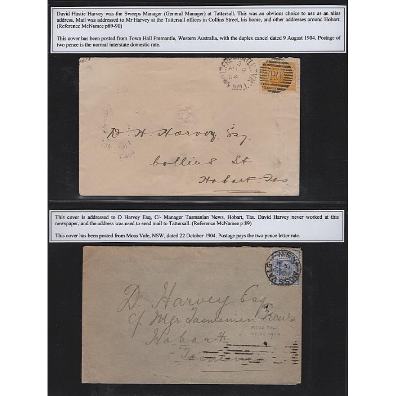 (GG15176L) TASMANIA · 1902/04: 4 covers (3 from WA, NSW and QLD) all addressed to Tattersall General Manager D.H. Harvey to bypass the mail embargo to the firm · usual spike-holes o/wise in excellent condition (2 images)