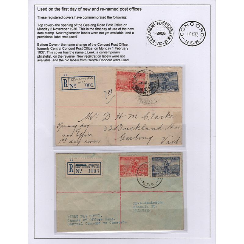 (GG15177L) AUSTRALIA · 1936/37: registered covers mailed on the 1st day of operation of the GEELONG ROAD and the first day of renaming of the CONCORD post offices · both items in fine condition · see full description (2)