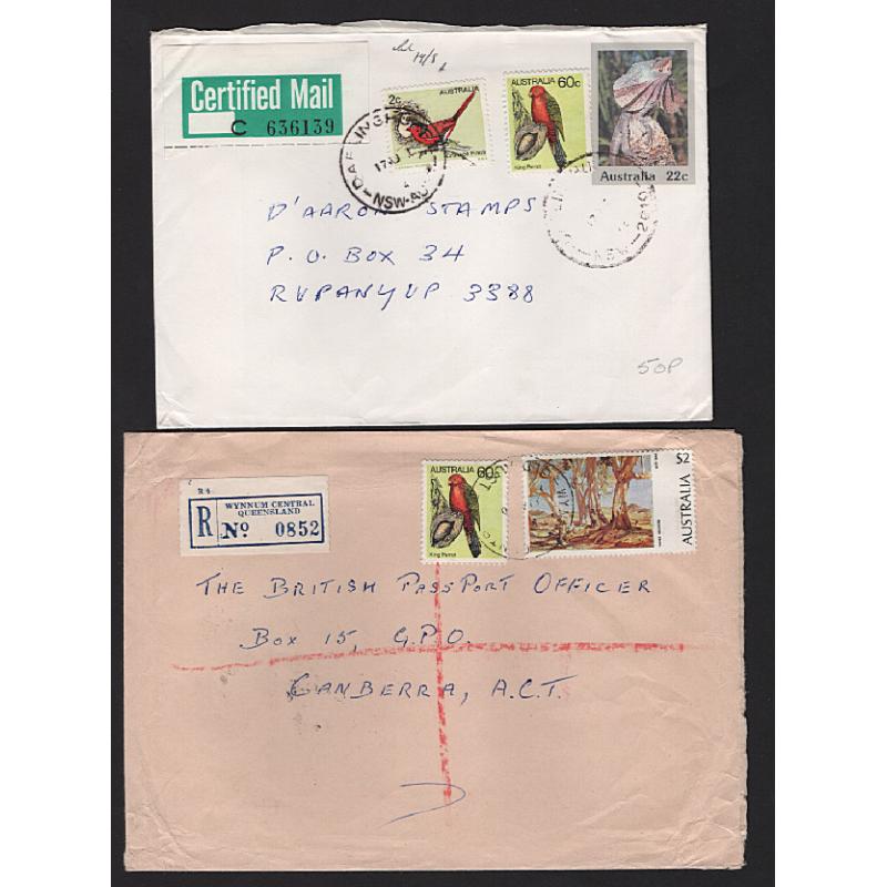 (GG15179) AUSTRALIA · 1981/86: four covers with the 60c King Parrot defin used as franking (or part thereof) · excellent condition throughout · air mail, certified/registered rates paid (2 images)