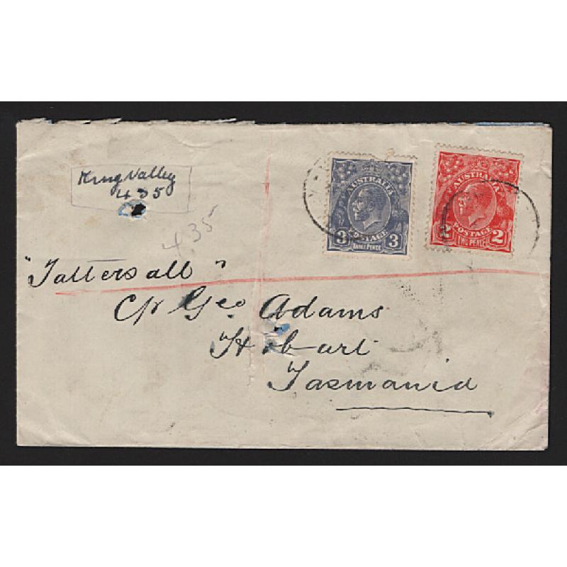 (GG15180) AUSTRALIA · 1931: registered cover mailed at KING VALLEY to Tattersall, Hobart · note improvised registration label · usual spike-holes but still very exhibitable