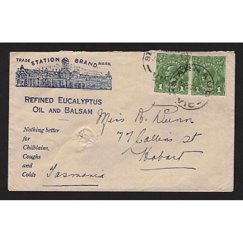 (GG15181) AUSTRALIA · 1920s: advertising cover for Station Brand Refined Eucalyptus Oil and Balsam mailed to Tattersall street address at Hobart · usual spike-hole for such mail o/wise in excellent condition