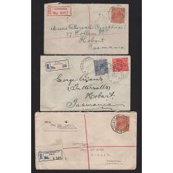 (GG15182) AUSTRALIA · 1930s: five registered covers to Tattersall, Hobart · mixed condition with usual spike-holes · red or blue/black labels · see both largest images (5)