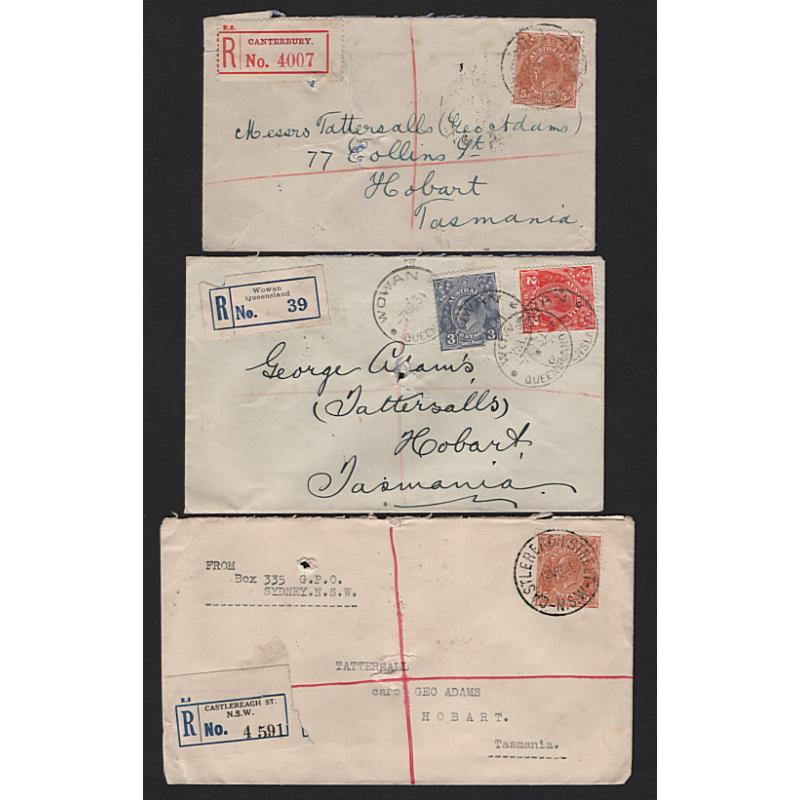 (GG15182) AUSTRALIA · 1930s: five registered covers to Tattersall, Hobart · mixed condition with usual spike-holes · red or blue/black labels · see both largest images (5)