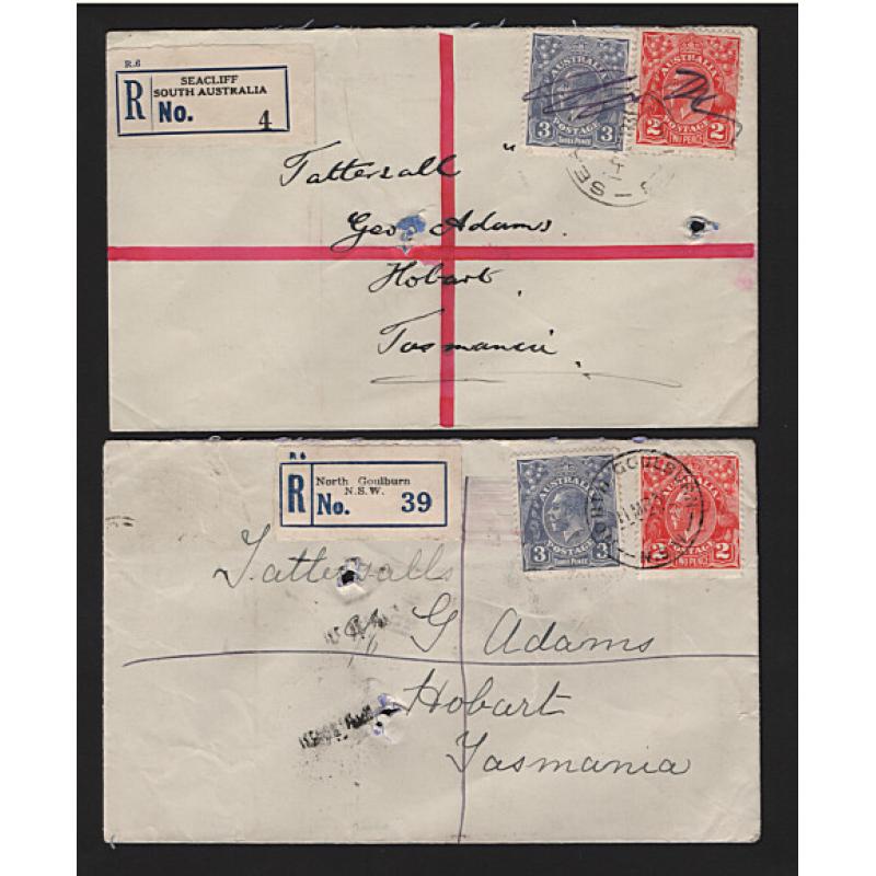 (GG15182) AUSTRALIA · 1930s: five registered covers to Tattersall, Hobart · mixed condition with usual spike-holes · red or blue/black labels · see both largest images (5)