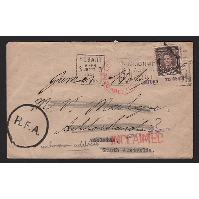 (GG15183) TASMANIA · 1951: commercial cover mailed at Hobart to Adelaide where returned-to-sender by DLO (label on flap) · h/stamped H.F.A. ("Held for Address/Action"?) on return to Hobart · scarce instructional marking