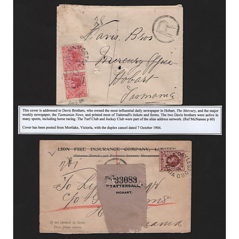 (GG15187) VICTORIA · 1904/07: 4 covers to Tattersall "alias" addresses at Hobart · usual spike-holes and condition is a little mixed · 3 items are accompanied by a detailed write-up (2 images)