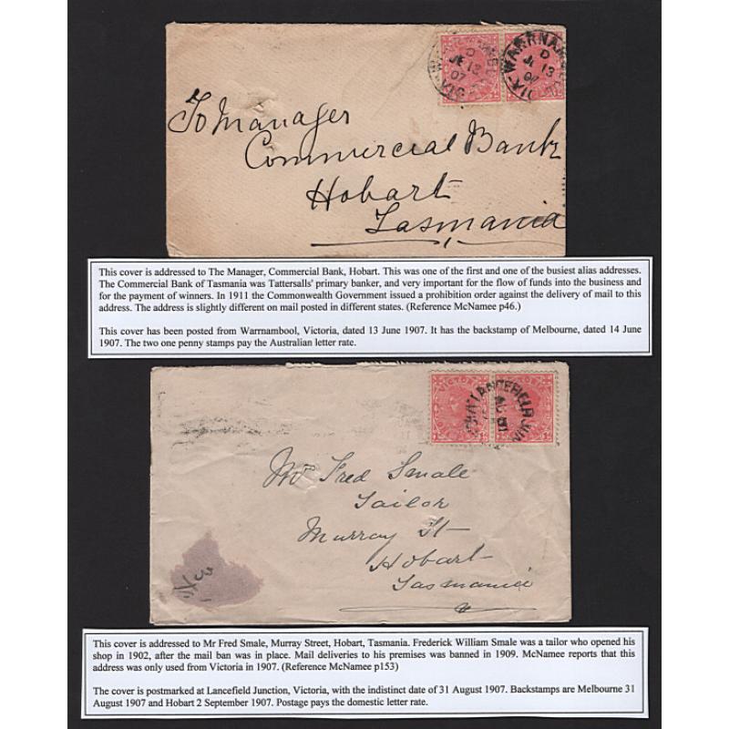 (GG15187) VICTORIA · 1904/07: 4 covers to Tattersall "alias" addresses at Hobart · usual spike-holes and condition is a little mixed · 3 items are accompanied by a detailed write-up (2 images)