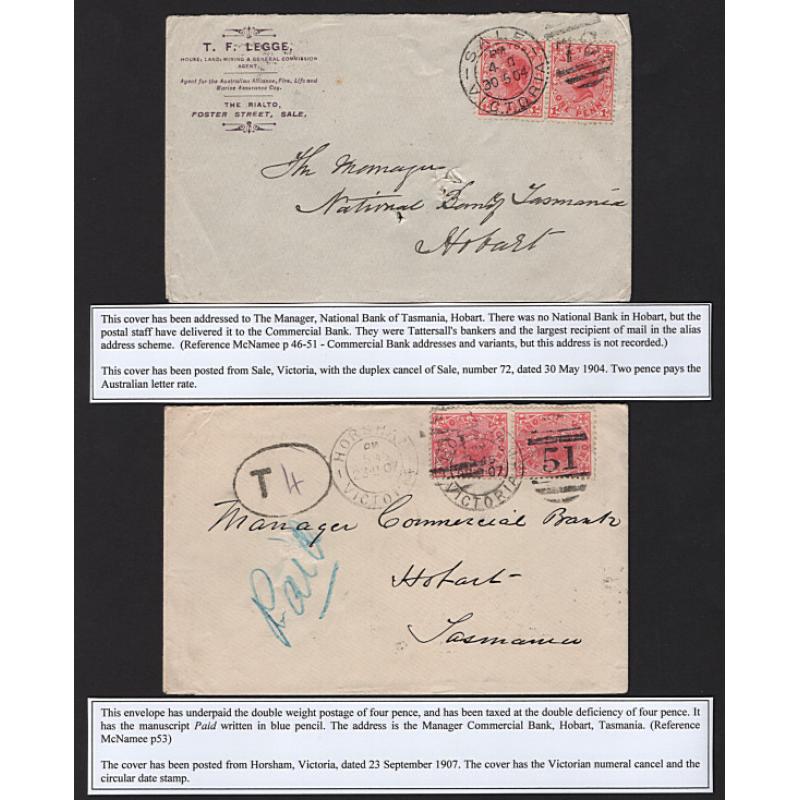 (GG15187) VICTORIA · 1904/07: 4 covers to Tattersall "alias" addresses at Hobart · usual spike-holes and condition is a little mixed · each item is accompanied by a detailed write-up (2 images)