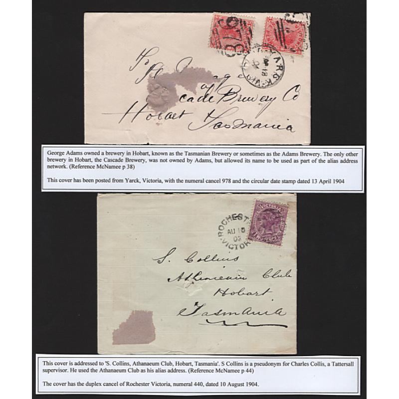 (GG15187) VICTORIA · 1904/07: 4 covers to Tattersall "alias" addresses at Hobart · usual spike-holes and condition is a little mixed · each item is accompanied by a detailed write-up (2 images)