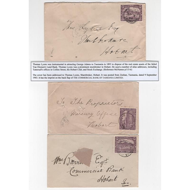 (GG15189) TASMANIA · 1903/07: 6 covers in a mixed condition all addressed to Tattersall "alias addresses" · please view both largest images (6)