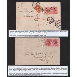 (GG15190) VICTORIA · 1903/03: 3 covers to Tattersall "alias" addresses at Hobart · 2 items have been registered · usual spike-holes and condition is a little mixed · each item is accompanied by a detailed write-up (2 images)