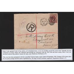 (GG15190) VICTORIA · 1903/03: 3 covers to Tattersall "alias" addresses at Hobart · 2 items have been registered · usual spike-holes and condition is a little mixed · each item is accompanied by a detailed write-up (2 images)