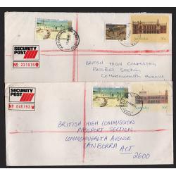 (GG15191L) AUSTRALIA · 1987: 7 SECURITY POST covers to Canberra mailed in NSW (3), QLD, VIC and WA (2) all in  excellent condition · an array of b/stamps "document" the journeys (3 images)