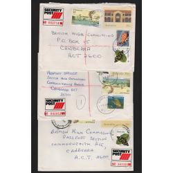 (GG15191L) AUSTRALIA · 1987: 7 SECURITY POST covers to Canberra mailed in NSW (3), QLD, VIC and WA (2) all in  excellent condition · an array of b/stamps "document" the journeys (3 images)