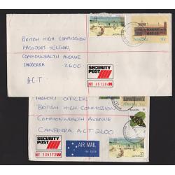 (GG15191L) AUSTRALIA · 1987: 7 SECURITY POST covers to Canberra mailed in NSW (3), QLD, VIC and WA (2) all in  excellent condition · an array of b/stamps "document" the journeys (3 images)