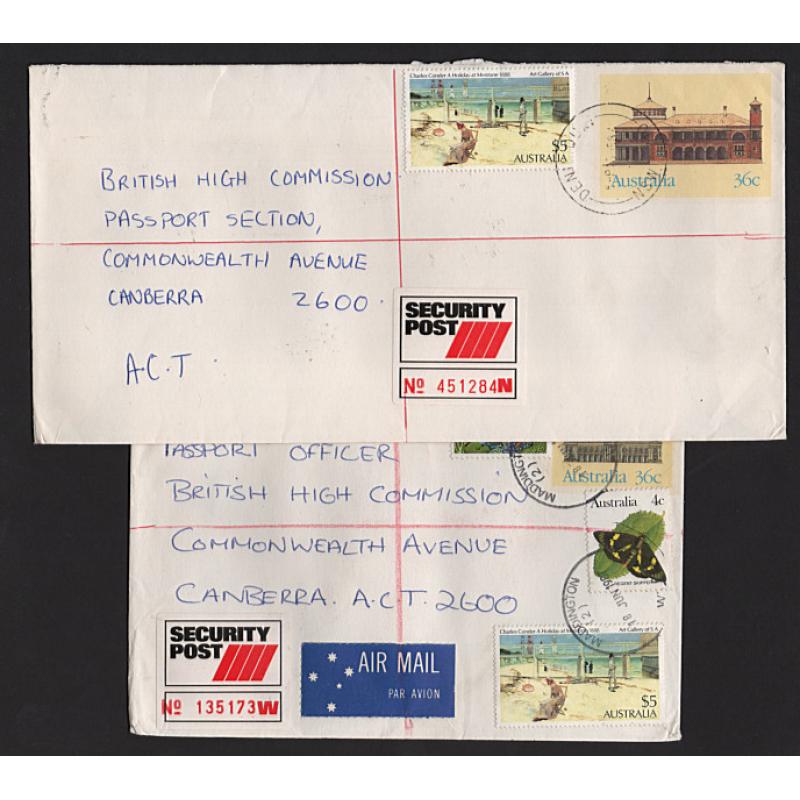 (GG15191L) AUSTRALIA · 1987: 7 SECURITY POST covers to Canberra mailed in NSW (3), QLD, VIC and WA (2) all in  excellent condition · an array of b/stamps "document" the journeys (3 images)