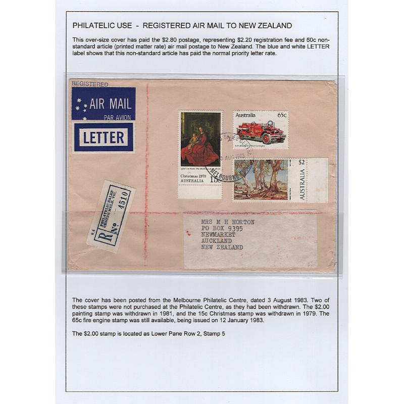 (GG15219L) AUSTRALIA · 1983: registered air mail letter to New Zealand with LETTER label indicating that the non-standard item was accepted at the letter ratre · excellent condition · $2 Painting has been plated!