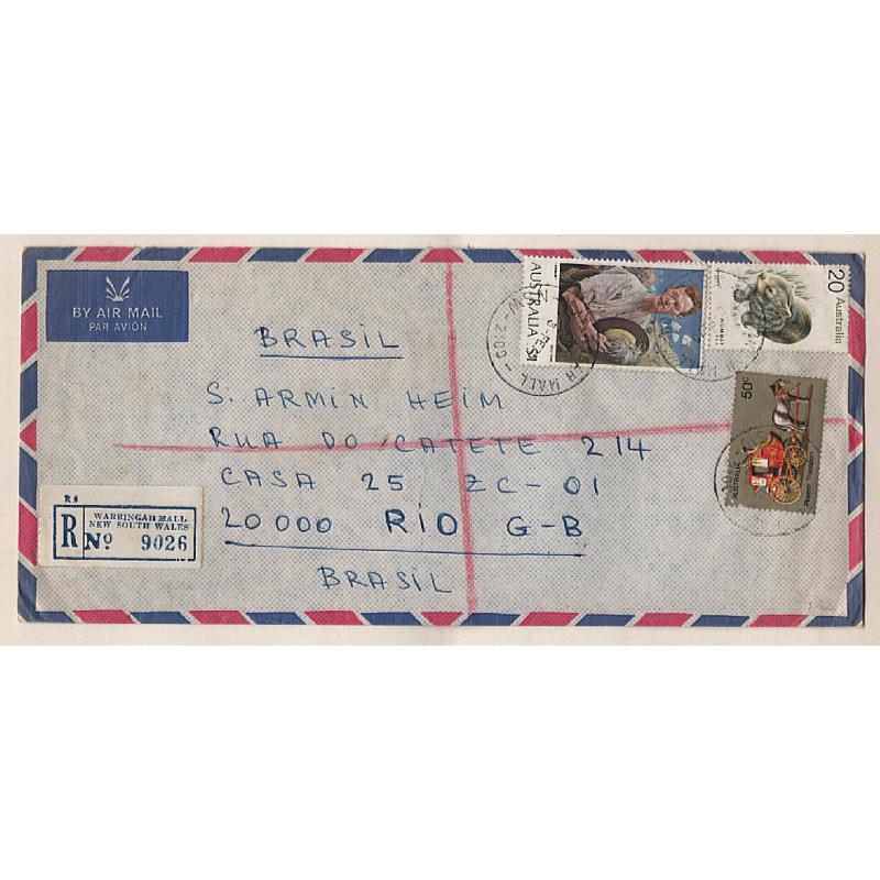 (GG15222L) AUSTRALIA · 1975: registered air mail cover to Brazil with contemporary defins making up the $1.70 rate for up to 20g + fee · VF condition