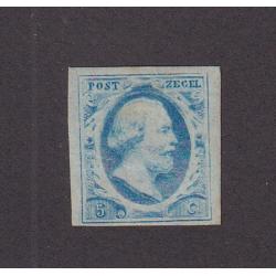 (HK1000) NETHERLANDS · 1852: unplated mint imperf 5c light blue Willem III Scott #1a with four close to large margins · a couple of v.minor shallow gum thins o/wise condition is excellent front and verso · c.v. US$450 (2 images)